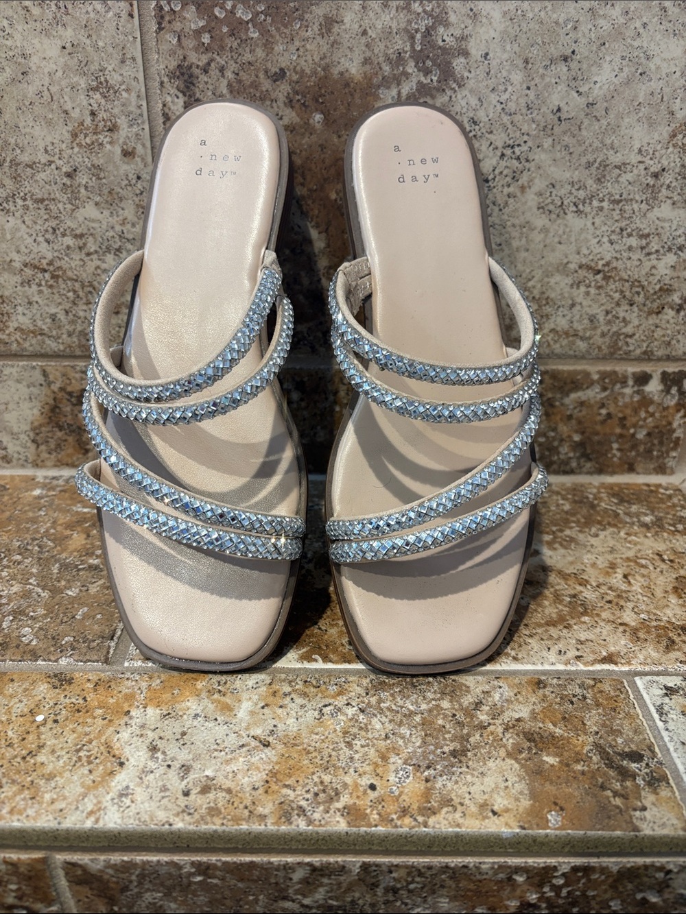 a new day Cream Slide Sandals with Silver Beaded Straps 7.5 W